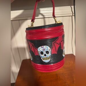 Vintage Round Train Case Hand Painted Sugar Skull Bag
